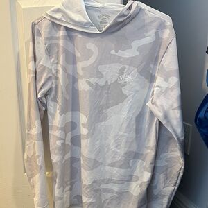 EUC Billabong Light Gray White Camo Hooded Long Sleeve sun shirt. UPF 50. Small
